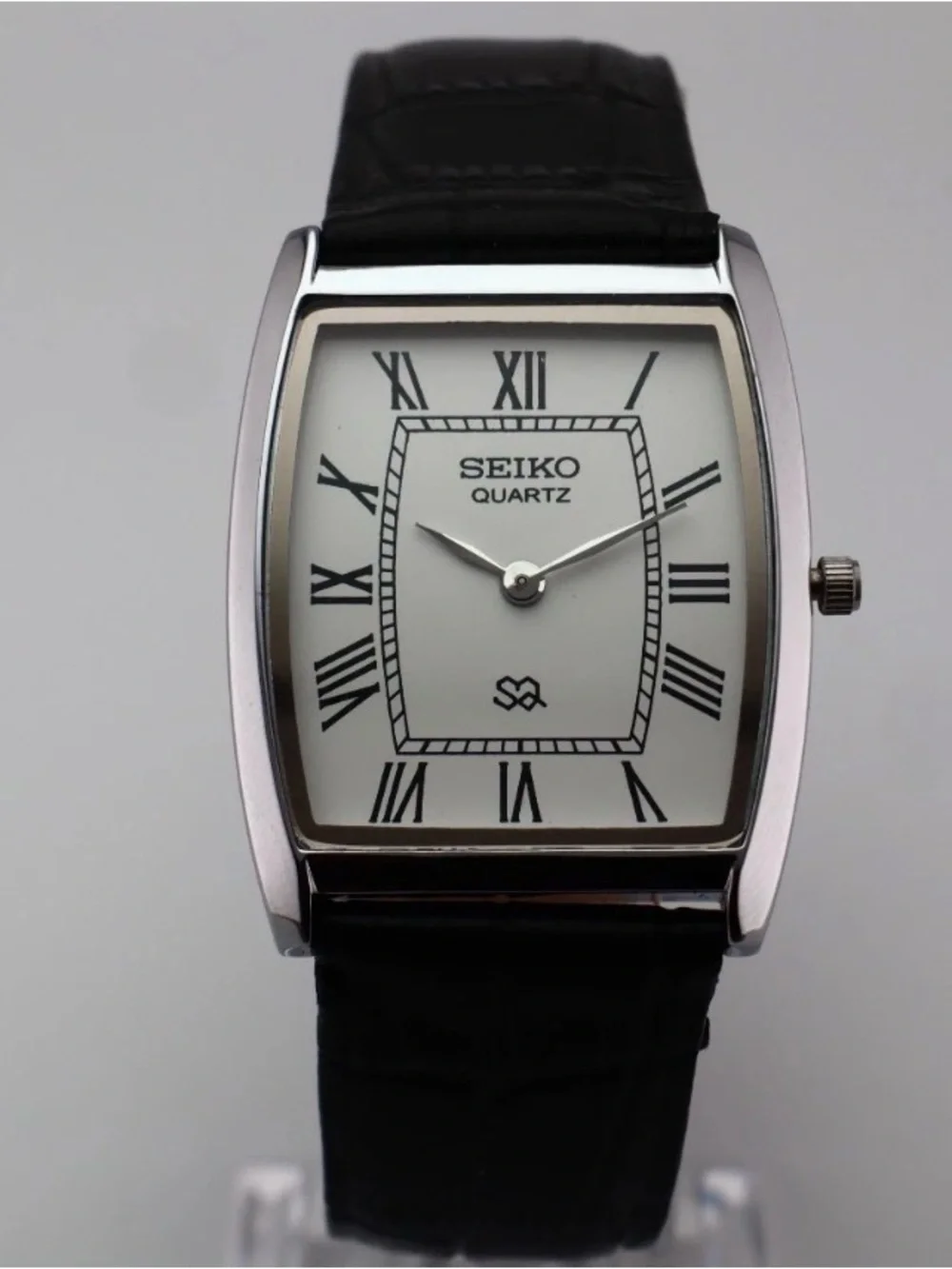 Seiko Silver Case Black Leather Strap Watch - White Dial